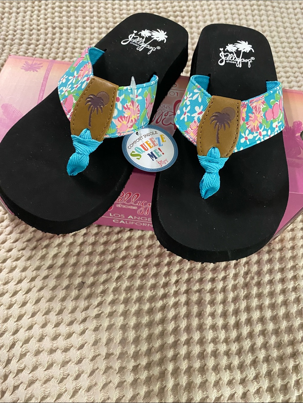 Jellypop Black Flip-Flops with Turquoise Floral Straps